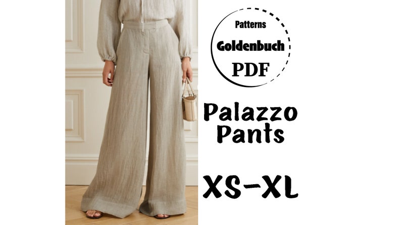 XS-XL Palazzo Pants PDF Sewing Pattern Wide Leg Trousers Loose Fit High Waist Pants with Pockets Women Pants Print at Home Clothing Patterns image 1