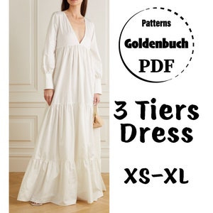 XS-XL 3 Tiers Dress PDF Sewing Pattern Oversized Dress Long Sleeve Kaftan Dress Plunge Neck Loose Fit Summer Maxi Dress Simple Women Clothes