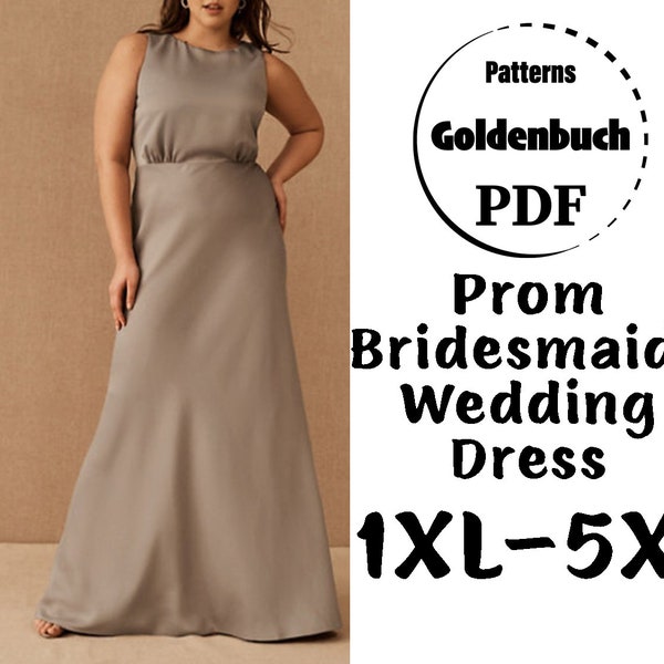 1XL-5XL Wedding Dress PDF Sewing Pattern Plus Size Formal Dress Simple Prom Gown Satin Evening Gown Bridal A-line Dress Minimalist Ball Gown