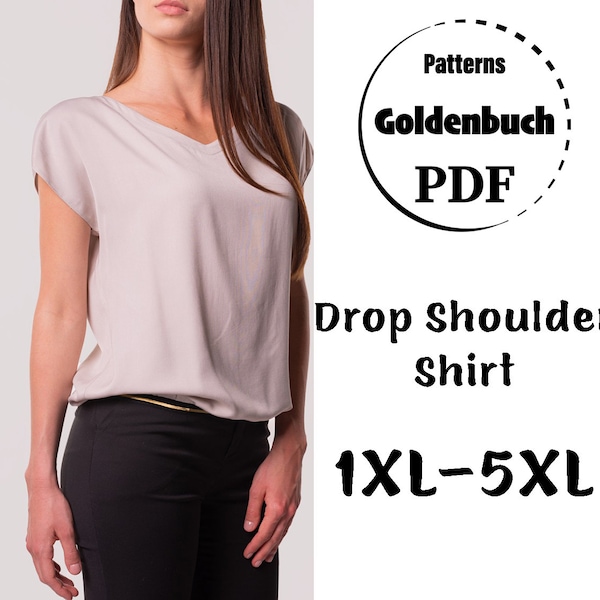 1XL-5XL V-Neck Top PDF Sewing Pattern Plus Size Drop Shoulder Shirt Loose Fit Top Mid-Hip Shirt Simple Women Clothes Summer Blouse
