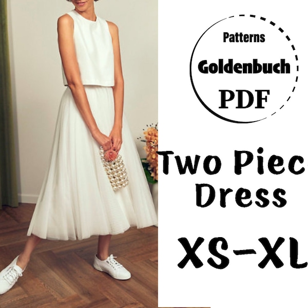 XS-XL Two Piece Dress PDF Sewing Pattern Prom Gown Rockabilly Bridesmaid Dress Tea Length Bridal Tulle Skirt Adult Tutu & Crop Top for Party