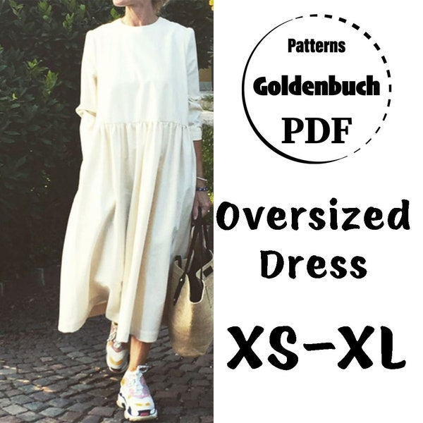 XS-XL Oversized Dress PDF Pattern Long Sleeve Loose Fit Kaftan Minimalist Women Clothes Simple Maternity Dress for Work Minimalist Outfit