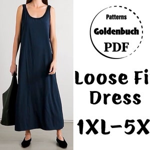 1XL-5XL Loose Fit Dress PDF Sewing Pattern Plus Size Scoop Neck Tunic Oversize Maxi Dress Long Cotton Kaftan Simple Women Clothes Tank Dress