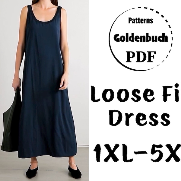 1XL-5XL Loose Fit Dress PDF Sewing Pattern Plus Size Scoop Neck Tunic Oversize Maxi Dress Long Cotton Kaftan Simple Women Clothes Tank Dress