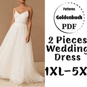 1XL-5XL Hochzeitskleid 2 Teilig PDF Schnittmuster Plus Size Erwachsenen Tutu Rock mit Schleppe & Cami Top Tüll Ballkleid Brautrock Satin Shirt