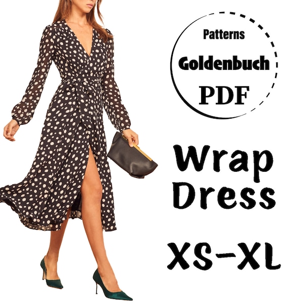 XS-XL Wickelkleid PDF Schnittmuster Langarm Kleid Tiefer Ausschnitt A-Linie Kleid Basic Damen Kleidung Print at Home Midi Kleid Schnittmuster