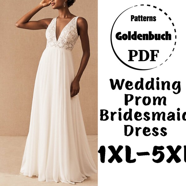 1XL-5XL Plus Size Wedding Dress PDF Sewing Pattern Lace Bridal Gown A-line Prom Dress Chiffon Formal Outfit Full Circle Skirt Low Back Dress