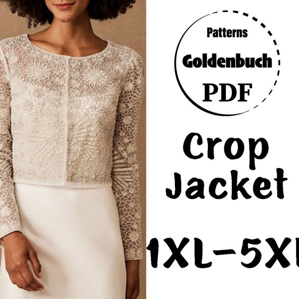 1XL-5XL Crop Jacket PDF Pattern Long Sleeve Plus Size Bolero Waist Length Wedding Jacket Women Clothes Office Outfit Short Evening Cape