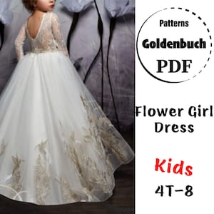 4T-8 Flower Girl Dress PDF Sewing Pattern Long Sleeve Children Dress Maxi Tutu Dress for Kids Birthday Party or Photoshoot Toddler Clothes