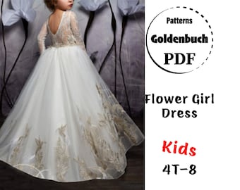 4T-8 Flower Girl Dress PDF Sewing Pattern Long Sleeve Children Dress Maxi Tutu Dress for Kids Birthday Party or Photoshoot Toddler Clothes