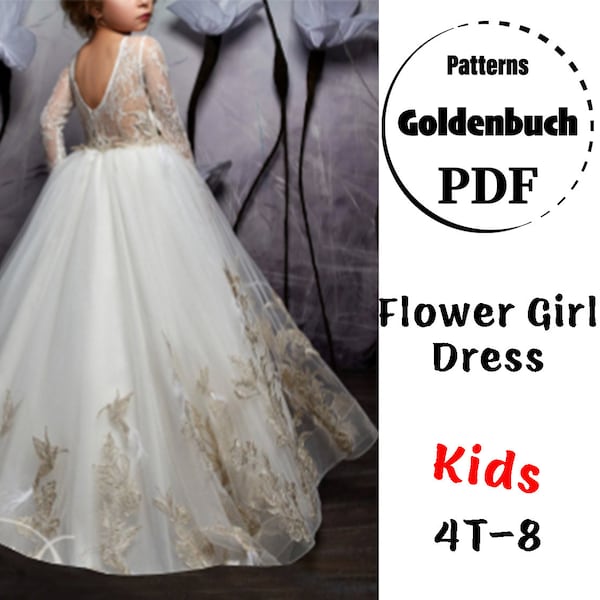 4T-8 Flower Girl Dress PDF Sewing Pattern Long Sleeve Children Dress Maxi Tutu Dress for Kids Birthday Party or Photoshoot Toddler Clothes