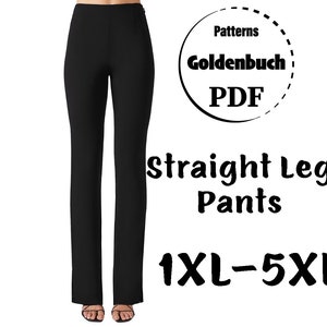 1XL-5XL Straight Leg Pants PDF Sewing Pattern Plus Size Women Trousers Classic High Waist Pants with Pocket Print at Home DIY Basic Clothing