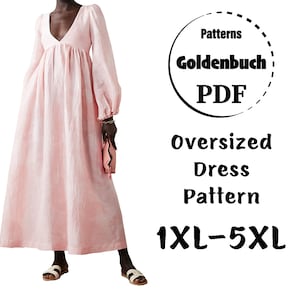 1XL-5XL V-Neck Dress PDF Sewing Pattern Plus Size Long Sleeve Dress Maternity Kaftan Plunging Neckline Gown Summer Maxi Dress Women Clothing