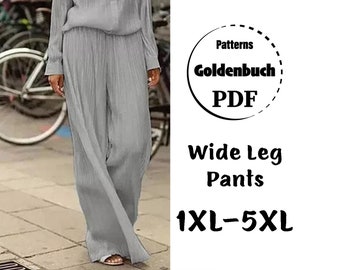 1XL-5XL Elastic Waist Pants PDF Sewing Pattern Plus Size Women Pajama Style Trousers Wide Leg Pants High Waisted Pants Simple Pull On Pants