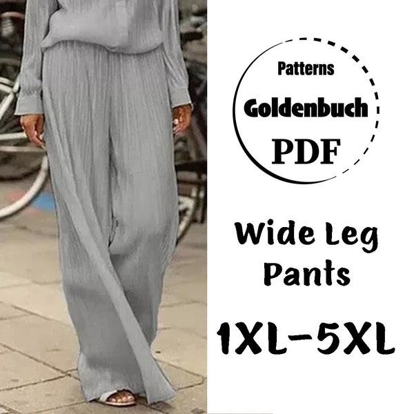 1XL-5XL Elastic Waist Pants PDF Sewing Pattern Plus Size Women Pajama Style Trousers Wide Leg Pants High Waisted Pants Simple Pull On Pants