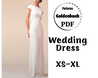 XS-XL A-Line Wedding Dress PDF Sewing Pattern Short Sleeve Sheath Bridesmaid Dress Slim Fit Prom Gown Formal Maxi Dress Long Evening Outfit