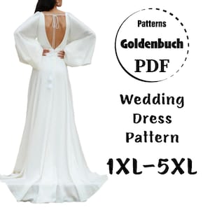 1XL-5XL Wedding Dress PDF Sewing Pattern Plus Size Bridal Gown with Train Bishop Sleeves Aline Dress Low Back Maxi Dress with High Slit Gown
