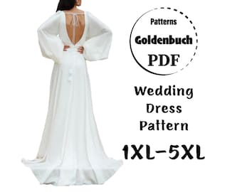 1XL-5XL Wedding Dress PDF Sewing Pattern Plus Size Bridal Gown with Train Bishop Sleeves Aline Dress Low Back Maxi Dress with High Slit Gown