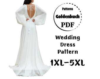 1XL-5XL Wedding Dress PDF Sewing Pattern Plus Size Bridal Gown with Train Bishop Sleeves Aline Dress Low Back Maxi Dress with High Slit Gown