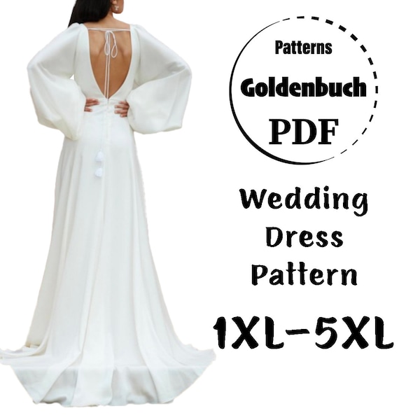 1XL-5XL Robe de mariée PDF Patron de couture Robe de mariée grande taille avec train Manches Bishop Robe Aline Dos bas Robe longue avec robe fendue haute