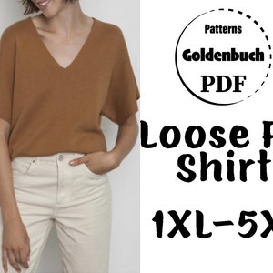 1XL-5XL Oversized Top PDF Sewing Pattern Plus Size Shirt Short Sleeve Blouse Loose Fit Hip Length Shirt Simple Women Clothes Beginner Sewing