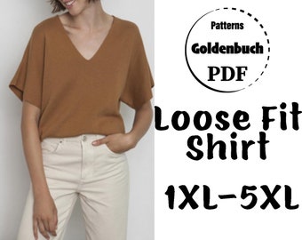 1XL-5XL Oversized Top PDF Sewing Pattern Plus Size Shirt Short Sleeve Blouse Loose Fit Hip Length Shirt Simple Women Clothes Beginner Sewing