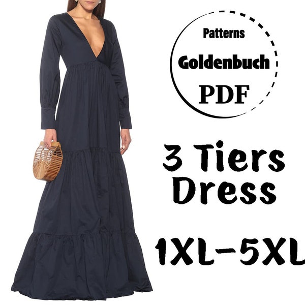 1XL-5XL 3 Tiers Dress PDF Sewing Pattern Plus Size Long Sleeve Kaftan Plunge Neck Oversize Dress Loose Fit Summer Dress Simple Women Clothes