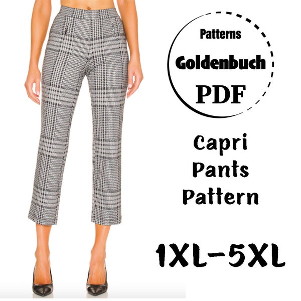 1XL-5XL Pantalones Capri Patrón de costura PDF Tallas grandes Pantalones de mujer de cintura alta Pantalones ajustados de talle alto con bolsillo lateral Ropa básica de oficina