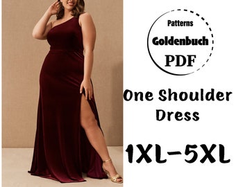 1XL-5XL One Shoulder Dress PDF Sewing Pattern Plus Size Prom Gown Aline High Slit Dress Open Back Bridesmaid Gown Wedding Outfit Formal Gown