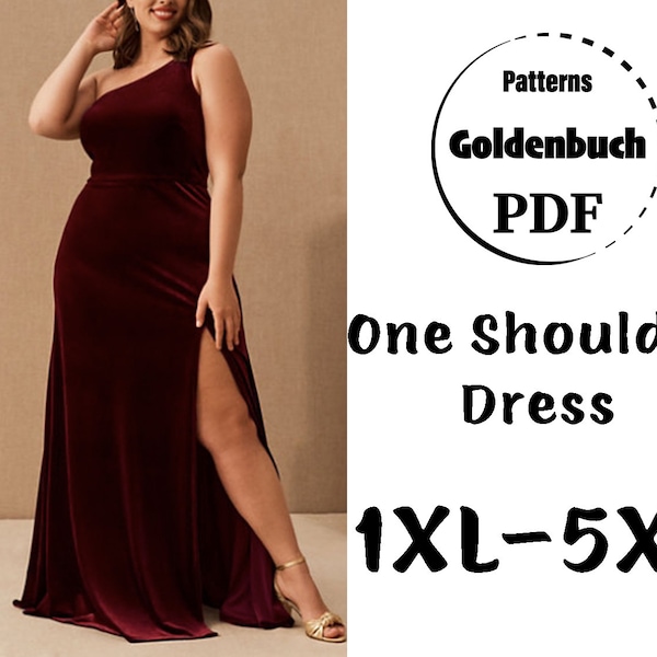 1XL-5XL One Shoulder Dress PDF Sewing Pattern Plus Size Prom Gown Aline High Slit Dress Open Back Bridesmaid Gown Wedding Outfit Formal Gown