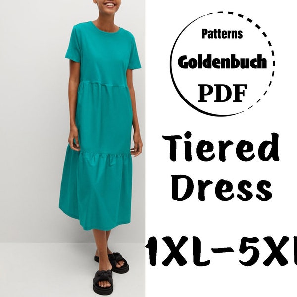 1XL-5XL 2 Tiers Dress PDF Sewing Pattern Plus Size Oversized Dress Loose Fit Kaftan Dress Short Sleeve Maxi Dress Cotton Dress Women Clothes