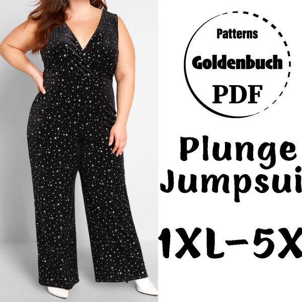 1XL-5XL Jumpsuit PDF Sewing Pattern Plus Size Wide Leg Overall V-Neck Pantsuit Sleeveless Women Jumpsuit Prom Plunge Onesie Evening Outfit