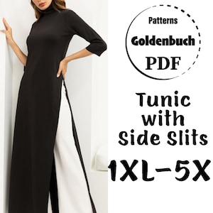 1XL-5XL Plus Size Tunic PDF Sewing Pattern High Slit Loose Fit Dress Oversize Maternity Kaftan Long Sleeve Mock Neck Top Basic Women Clothes