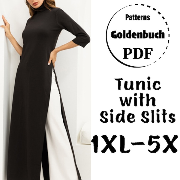 1XL-5XL grande taille tunique PDF patron de couture fente haute robe ample oversize caftan de maternité manches longues col cheminée haut basique vêtements pour femmes