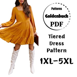 1XL-5XL Tiered Dress PDF Sewing Pattern Plus Size Long Sleeve Mini Dress Oversized Tunic Simple Women Clothing Maternity Dress Basic Outfit