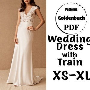 XS-XL Wedding Dress with Train PDF Sewing Pattern A-line Bridal Gown Cap Sleeve Prom Dress Satin Lace Ball Gown V-Neckline Formal Outfit