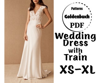 XS-XL-Hochzeitskleid mit Schleppe, PDF-Schnittmuster, A-Linie, Brautkleid, Flügelärmel, Ballkleid, Satin, Spitze, Ballkleid, V-Ausschnitt, formelles Outfit