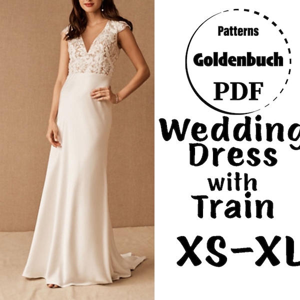 TP-XL Robe de mariée avec train PDF Patron de couture Robe de mariée trapèze avec mancherons Robe de bal en satin et dentelle Robe de bal décolleté en V Tenue formelle