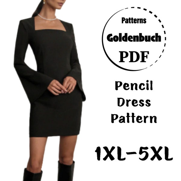1XL-5XL Pencil Dress PDF Sewing Pattern Plus Size Mini Dress with Long Bell Sleeve Basic Women Clothing Shaped Neckline Simple Sheath Dress