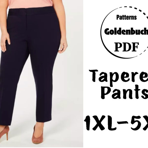 1XL-5XL Tapered Pants PDF Sewing Pattern Plus Size High Waisted Trousers with Pockets Fitted Pant Basic Women Everyday Clothes Print at Home