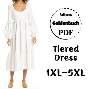 1XL-5XL Tiered Dress PDF Sewing Pattern Long Sleeve Maxi Dress Plus Size Summer Dress 3 Tiers Women Clothes Simple Oversize Outfit