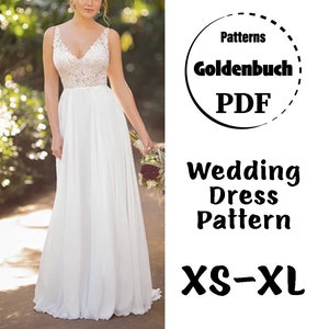 XS-XL Wedding Dress PDF Sewing Pattern V-Neckline Bridal Gown with Train Fit & Flare A-line Prom Dress Low Back Gown Full Circle Maxi Dress