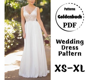 XS-XL Wedding Dress PDF Sewing Pattern V-Neckline Bridal Gown with Train Fit & Flare A-line Prom Dress Low Back Gown Full Circle Maxi Dress