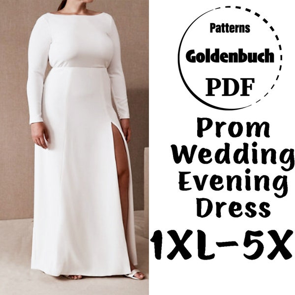 1XL-5XL Wedding Dress PDF Sewing Pattern Plus Size Bridal Gown with High Slit Long Sleeve Prom Outfit Bridesmaid Gown Maxi Evening Dress