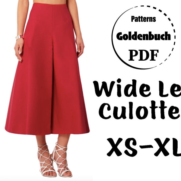 XS-XL Wide Leg Culottes PDF Sewing Pattern Women High Waist Trousers with Pockets A-line Palazzo Pants High Rise Skirted Pants Flared Pant