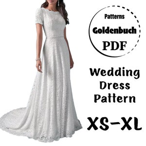 XS-XL Wedding Dress PDF Sewing Pattern A-Line Bridal Gown with Train Short Sleeve Prom Dress V-Back Evening Gown Semi Circle Maxi Dress