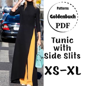 XS-XL Long Sleeve Tunic PDF Sewing Pattern High Slit Dress 3/4 Sleeve Kaftan Turtle Neck Top Basic Simple Women Clothing Side Splits Outfit