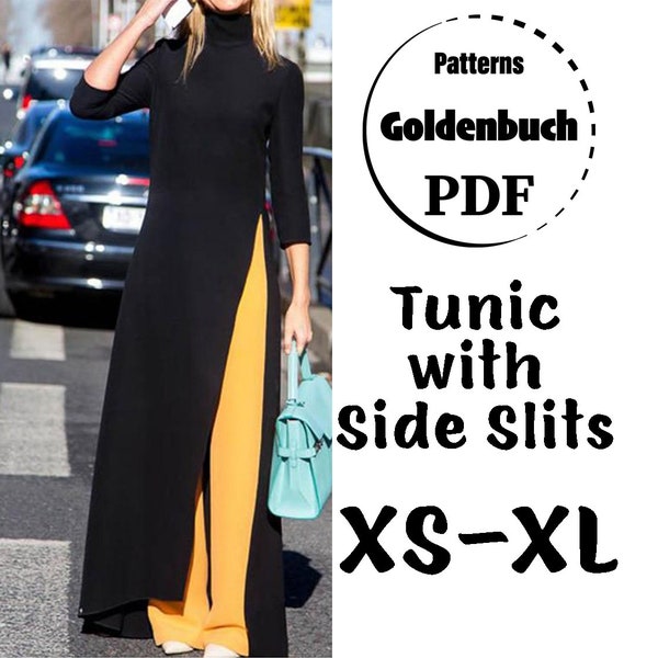 TP-XL Tunique à manches longues PDF Patron de couture Robe fendue haute Caftan à manches 3/4 Haut à col roulé basique Simple Vêtements pour femmes Tenue avec fentes latérales