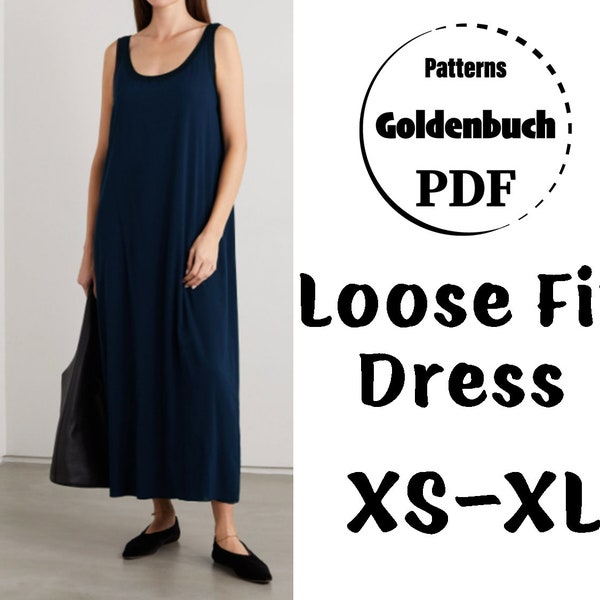 XS-XL Loose Fit Dress PDF Sewing Pattern Scoop Neckline Tunic Oversized Maxi Dress Long Cotton Dress Simple Women Clothes Summer Tank Dress