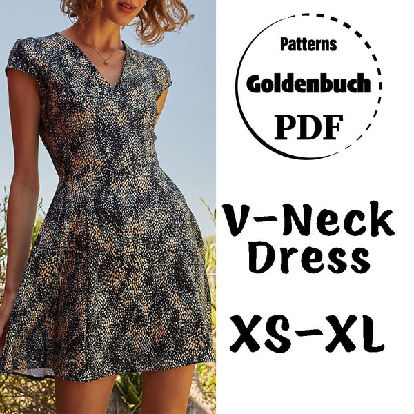 XS-XL Summer Dress PDF Sewing Pattern V-Neck Mini Dress Short Sleeve Skater Dress Fit and Flare Women Dress Simple A-Line Dress